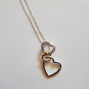 Sterling Silver & 18K Gold Diamond Hearts Pendant Necklace EUC